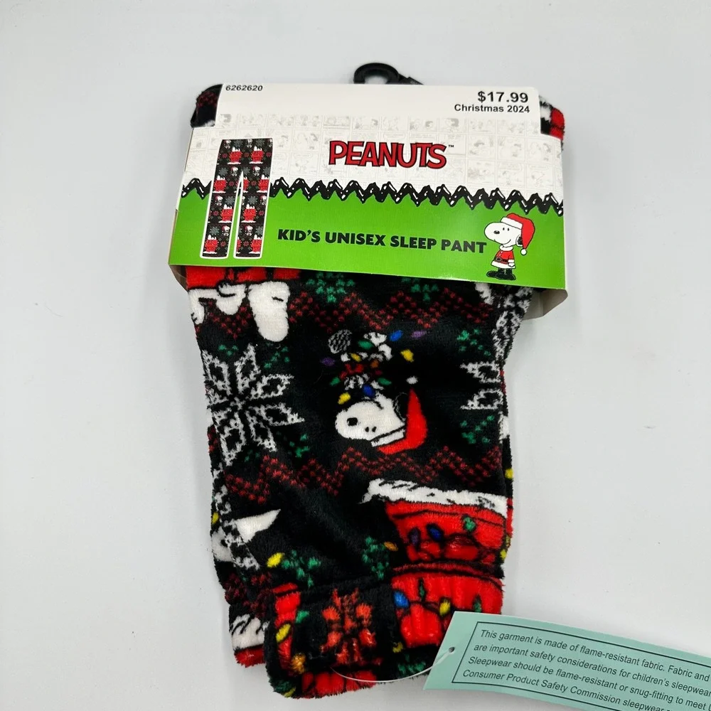 Peanuts Snoopy Christmas Kids Unisex Sleep Pajama Pants Black Red Small 6 NEW